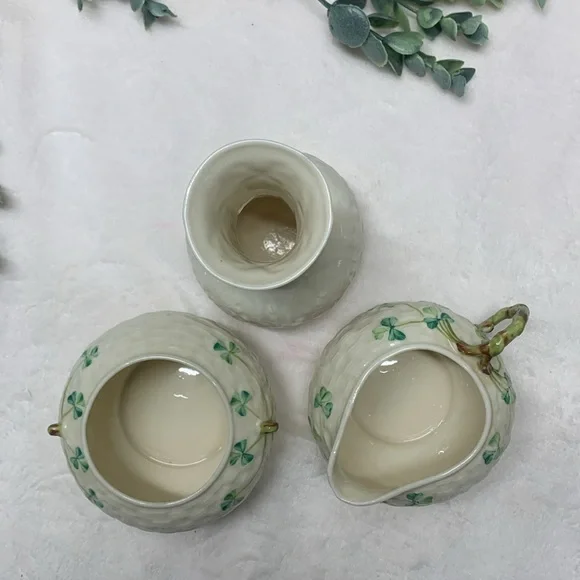 Vintage Belleek Ireland porcelain cream green shamrock vase cream & sugar set.
